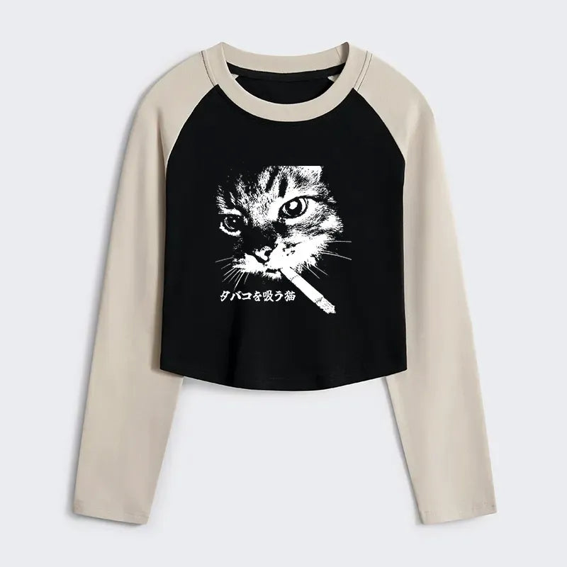 Trendy Smoking Cat Crop Tee for Streetwear