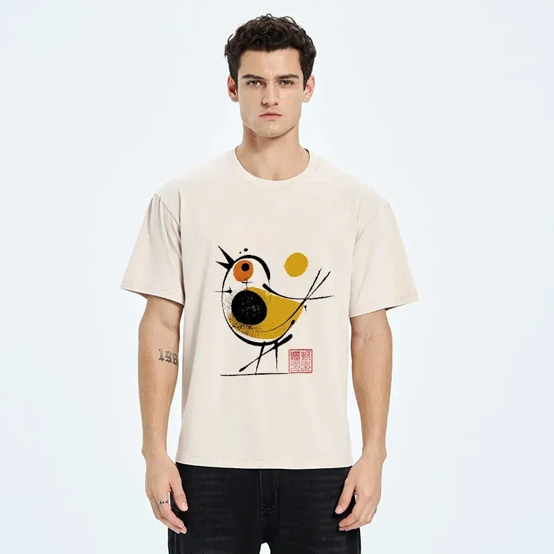 Kyoto-Lion Aesthetic Yellow And Black Bird Washed T-Shirt