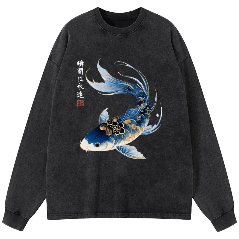 Kyoto-Lion Elegant Koi Fish Watercolor Art Washed Long Sleeve T-Shirt