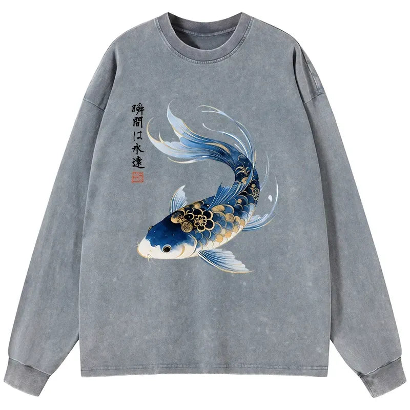 Kyoto-Lion Elegant Koi Fish Watercolor Art Washed Long Sleeve T-Shirt