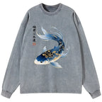 Kyoto-Lion Elegant Koi Fish Watercolor Art Washed Long Sleeve T-Shirt