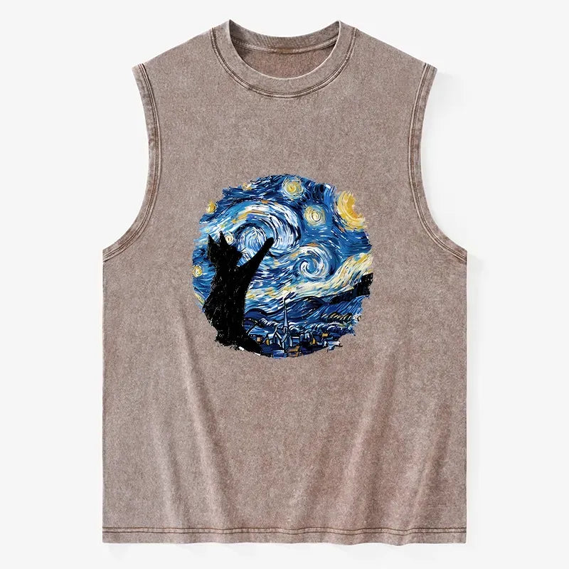 Kyoto-Lion Starry Night Black Cat Washed Tank