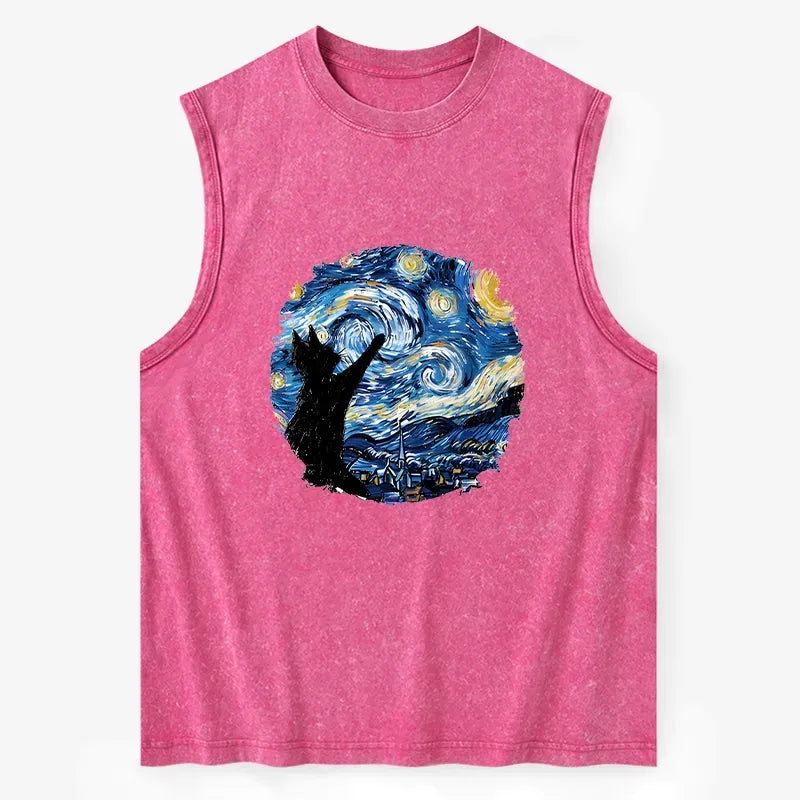 Washed Black Cat Tank Top for Daily Wear