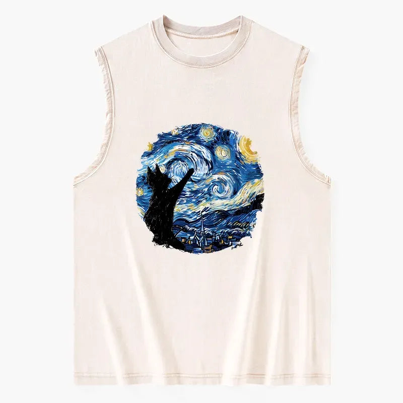 Washed Black Cat Tank Top for Daily Wear