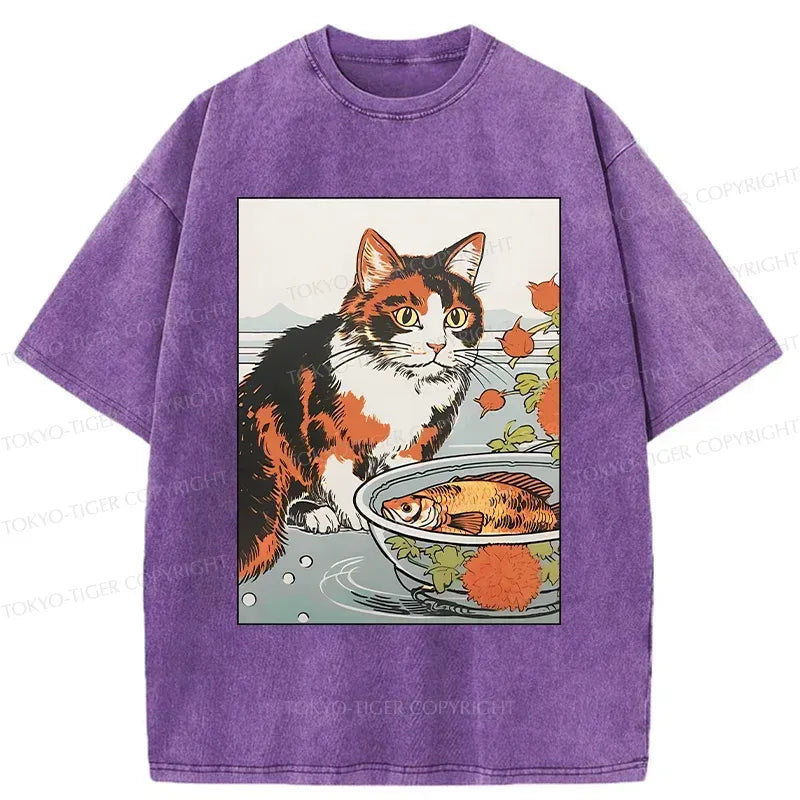 Japanese Cat Watching Koi T-Shirt