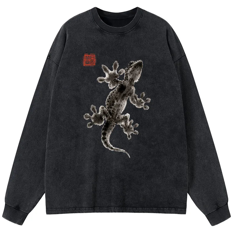 Kyoto-Lion Minimal Asian Ink Brush Gecko Vibe Washed Long Sleeve T-Shirt