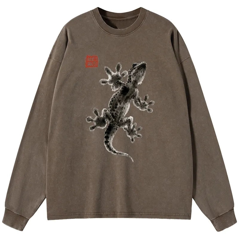 Kyoto-Lion Minimal Asian Ink Brush Gecko Vibe Washed Long Sleeve T-Shirt