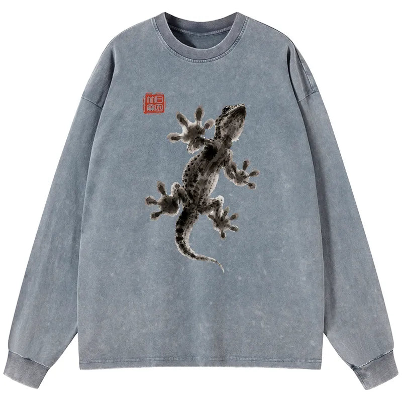 Kyoto-Lion Minimal Asian Ink Brush Gecko Vibe Washed Long Sleeve T-Shirt