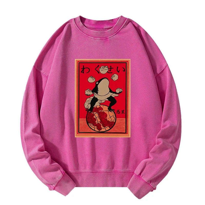 Washed Sweatshirt with Cute Frog Design