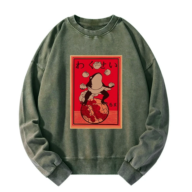 Washed Sweatshirt with Cute Frog Design