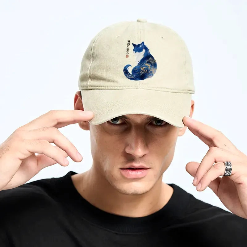 Kyoto-Lion Retro Zen Cat: Living the Present Washed Cap