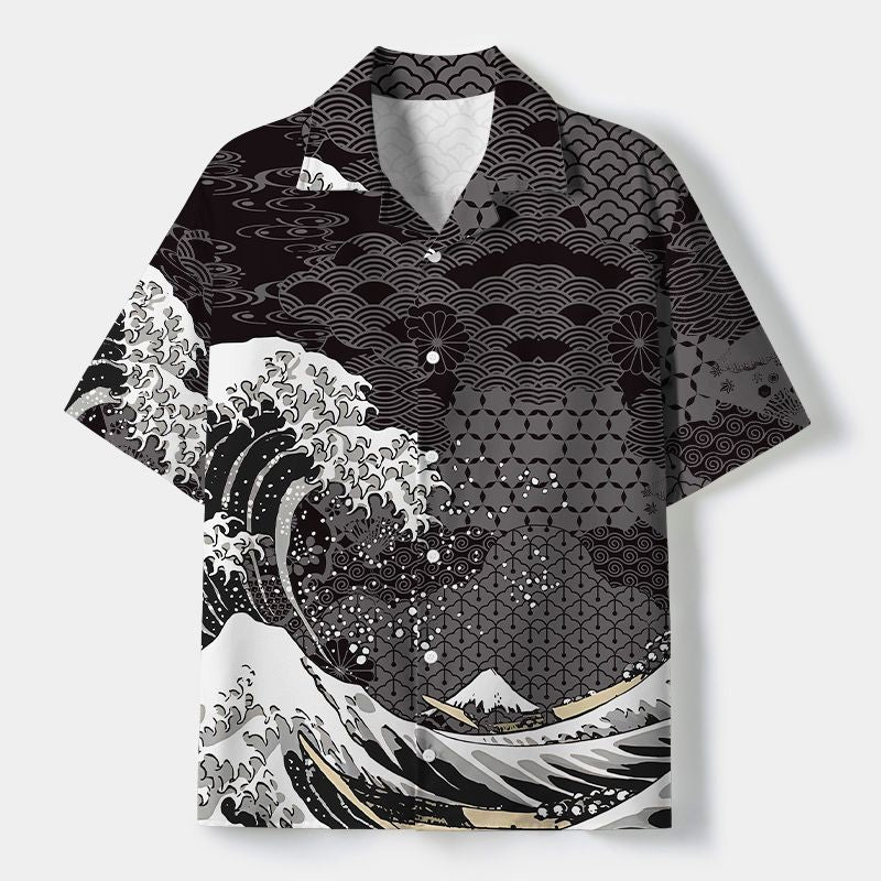 Kyoto-Lion Great Wave Off Fuji Cuban Collar Shirt