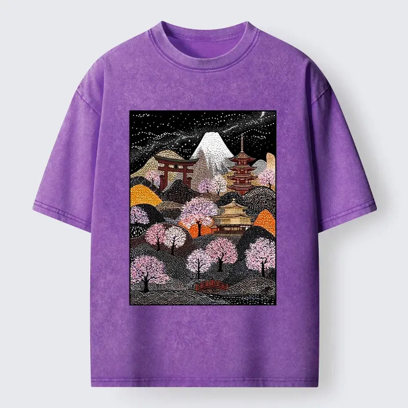 Kyoto-Lion Traditional Pagoda Among Pink Sakura Washed T-Shirt