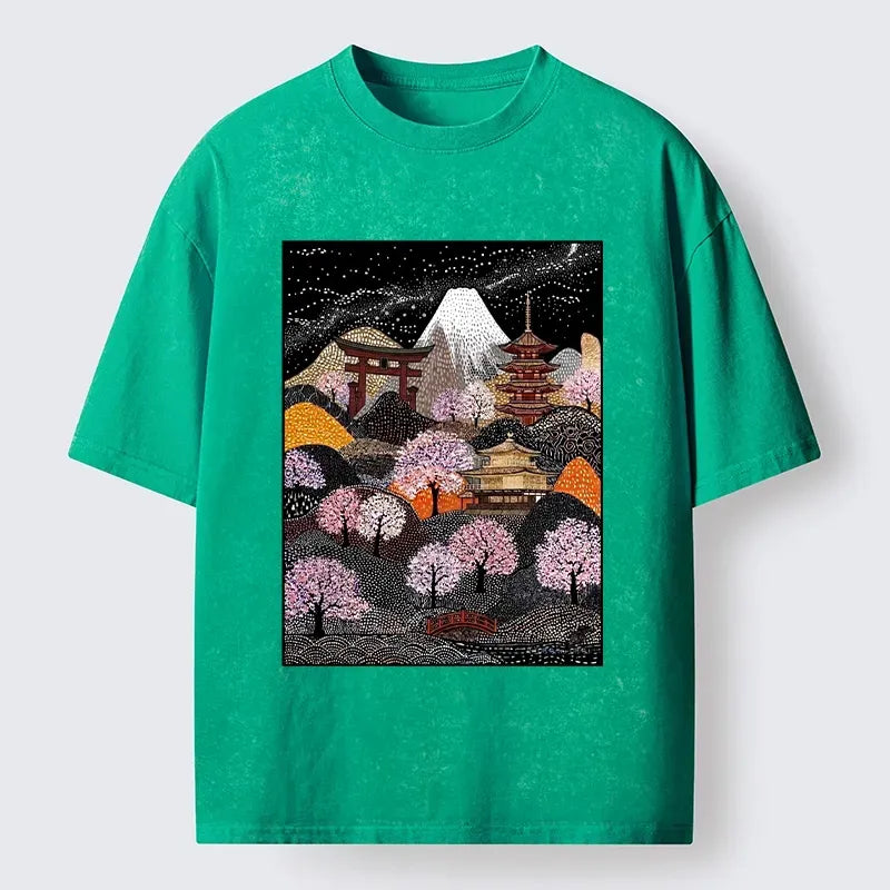 Kyoto-Lion Traditional Pagoda Among Pink Sakura Washed T-Shirt