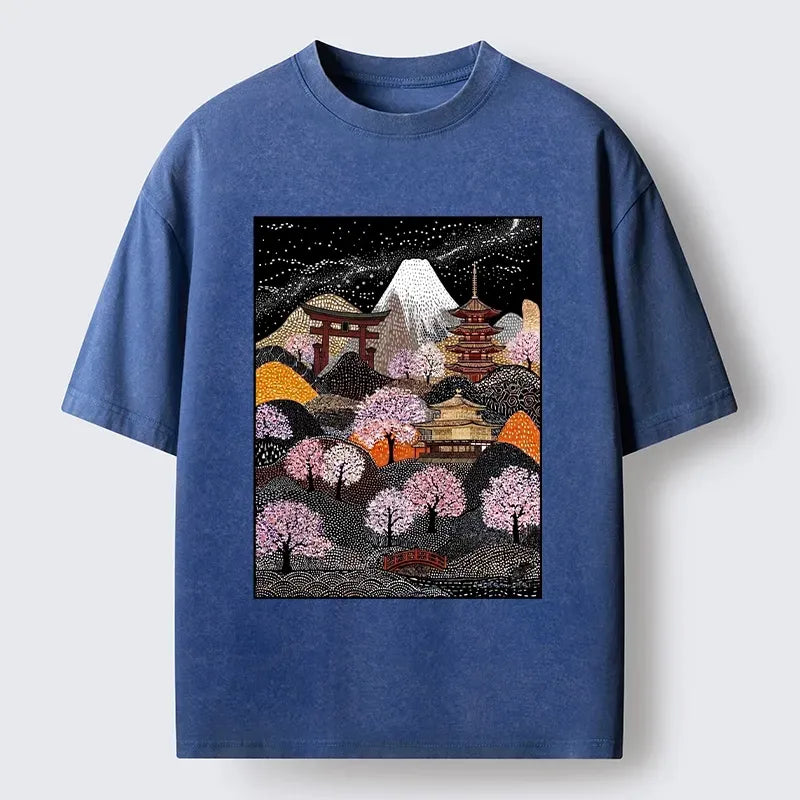 Kyoto-Lion Traditional Pagoda Among Pink Sakura Washed T-Shirt