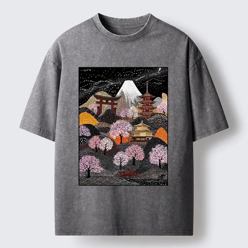Kyoto-Lion Traditional Pagoda Among Pink Sakura Washed T-Shirt