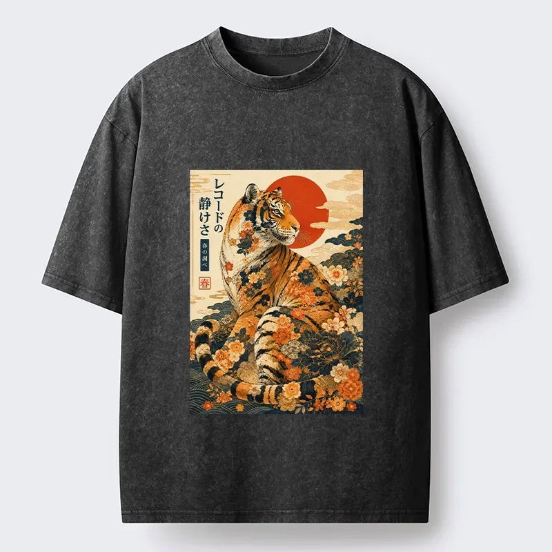 Kyoto-Lion Vintage Floral Tiger Japanese Spring Art Washed T-Shirt