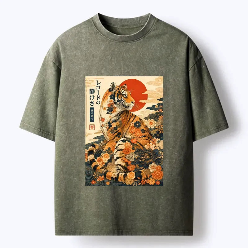 Kyoto-Lion Vintage Floral Tiger Japanese Spring Art Washed T-Shirt