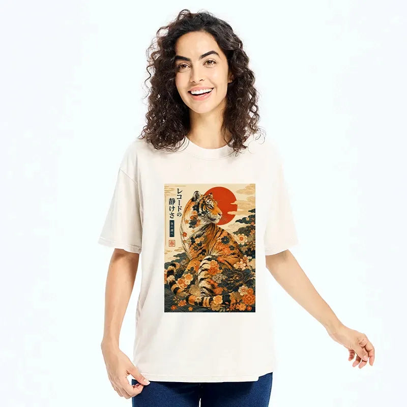 Kyoto-Lion Vintage Floral Tiger Japanese Spring Art Washed T-Shirt