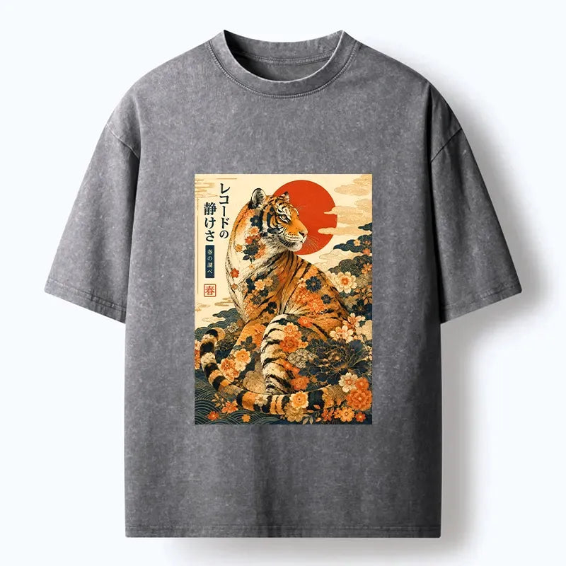 Kyoto-Lion Vintage Floral Tiger Japanese Spring Art Washed T-Shirt