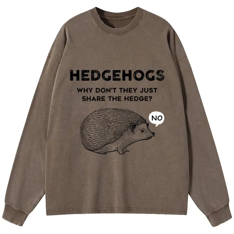 Kyoto-Lion Funny Hedgehog Washed Long Sleeve T-Shirt