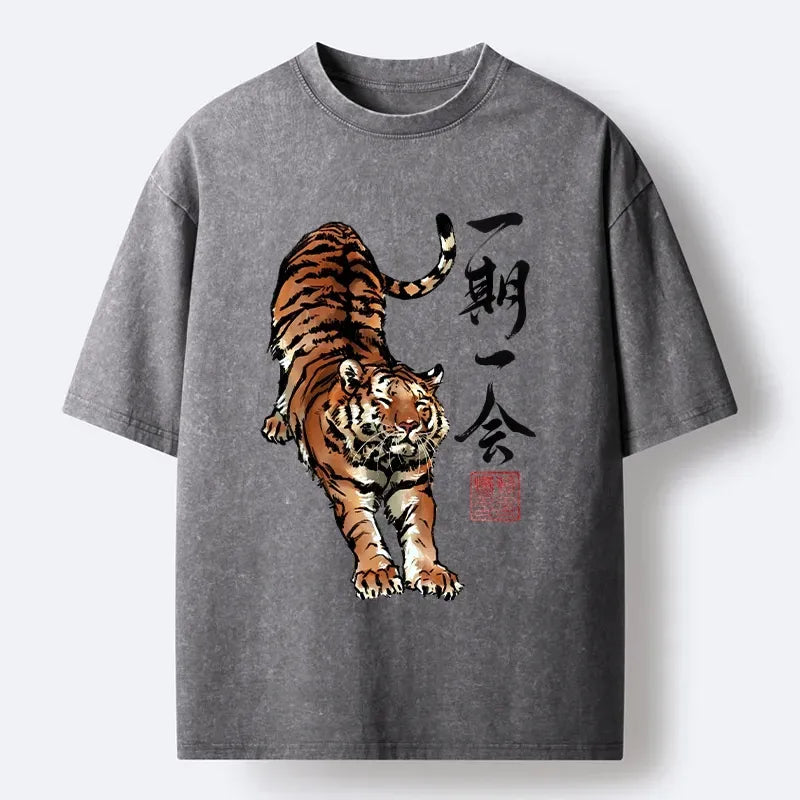 Kyoto-Lion Japanese Ink Tiger Art Washed T-Shirt