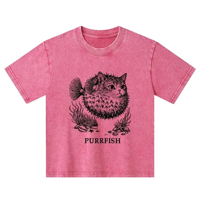 Kyoto-Lion Spiky Puffer With Cute Cat Head Kids Washed T-Shirt