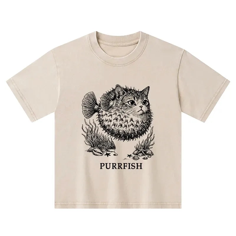 Kyoto-Lion Spiky Puffer With Cute Cat Head Kids Washed T-Shirt