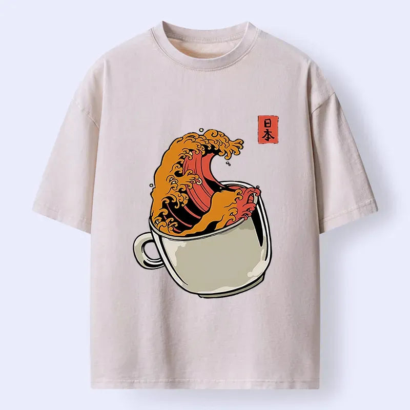 Kyoto-Lion Japanese Wave Coffee Ukiyoe Washed T-Shirt