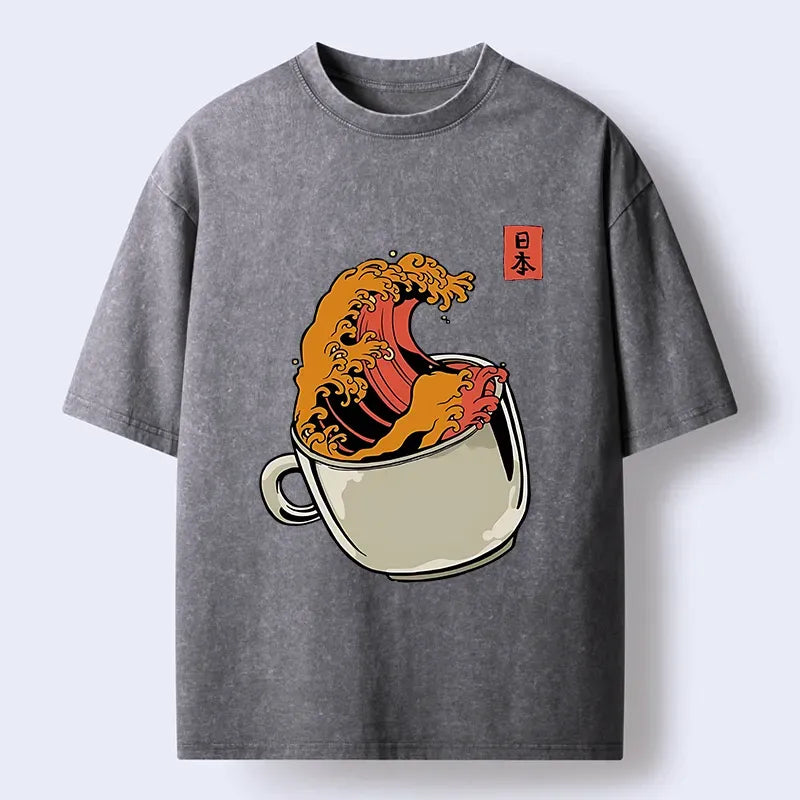 Kyoto-Lion Japanese Wave Coffee Ukiyoe Washed T-Shirt