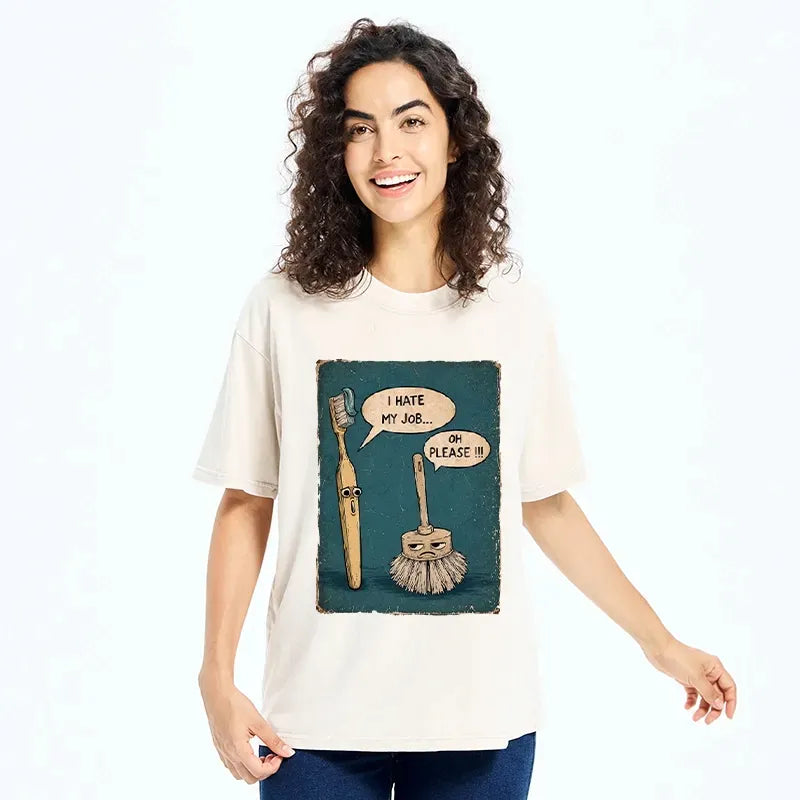 Kyoto-Lion Relatable Work Stress Brush Print Washed T-Shirt