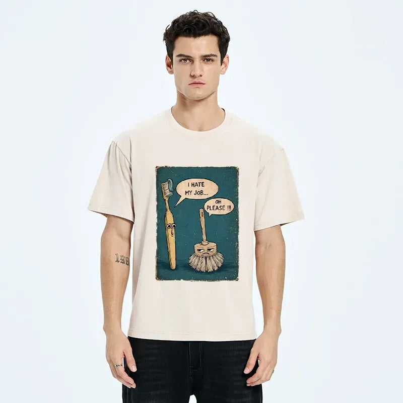 Kyoto-Lion Relatable Work Stress Brush Print Washed T-Shirt