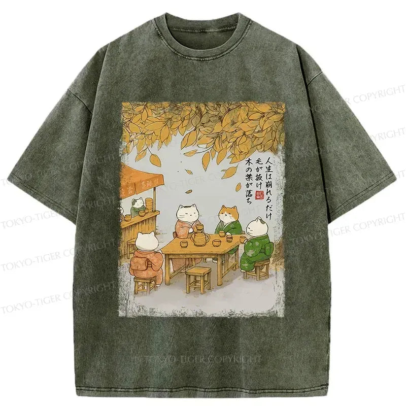 Kyoto-Lion Cats Drinking Tea Under The Tree Washed T-Shirt