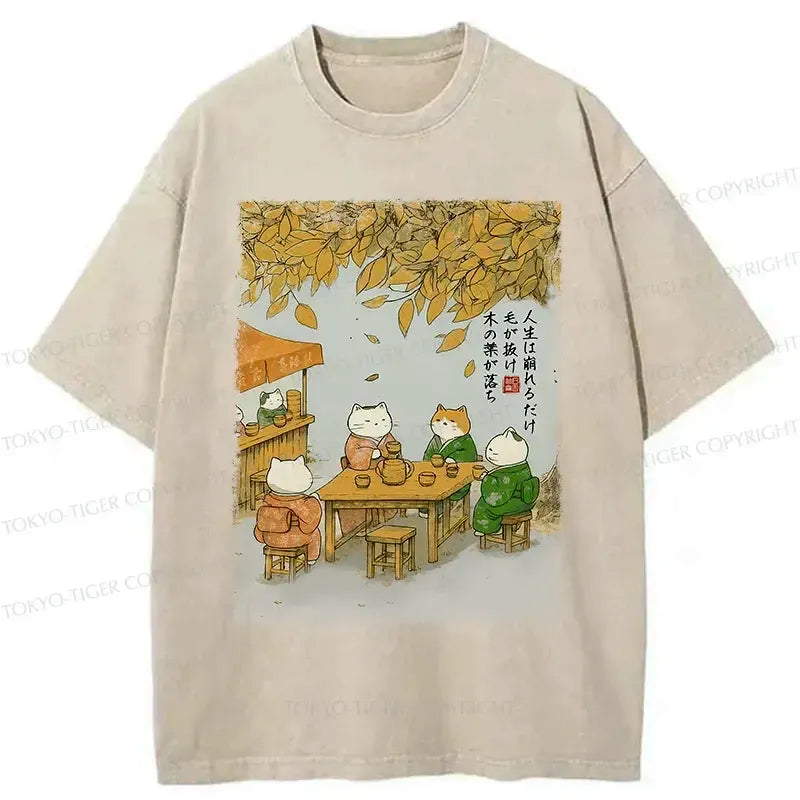 Kyoto-Lion Cats Drinking Tea Under The Tree Washed T-Shirt