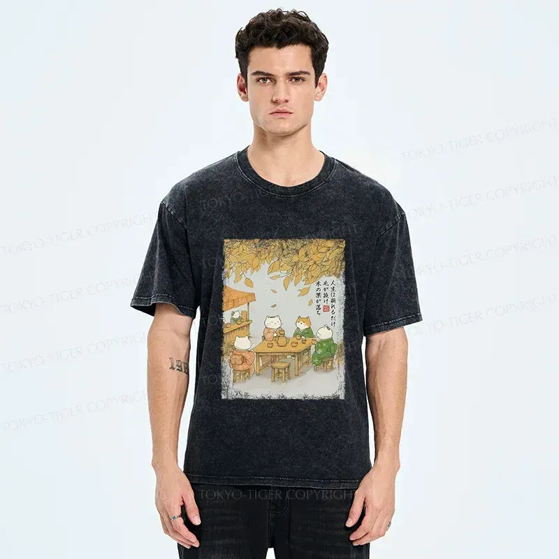 Kyoto-Lion Cats Drinking Tea Under The Tree Washed T-Shirt