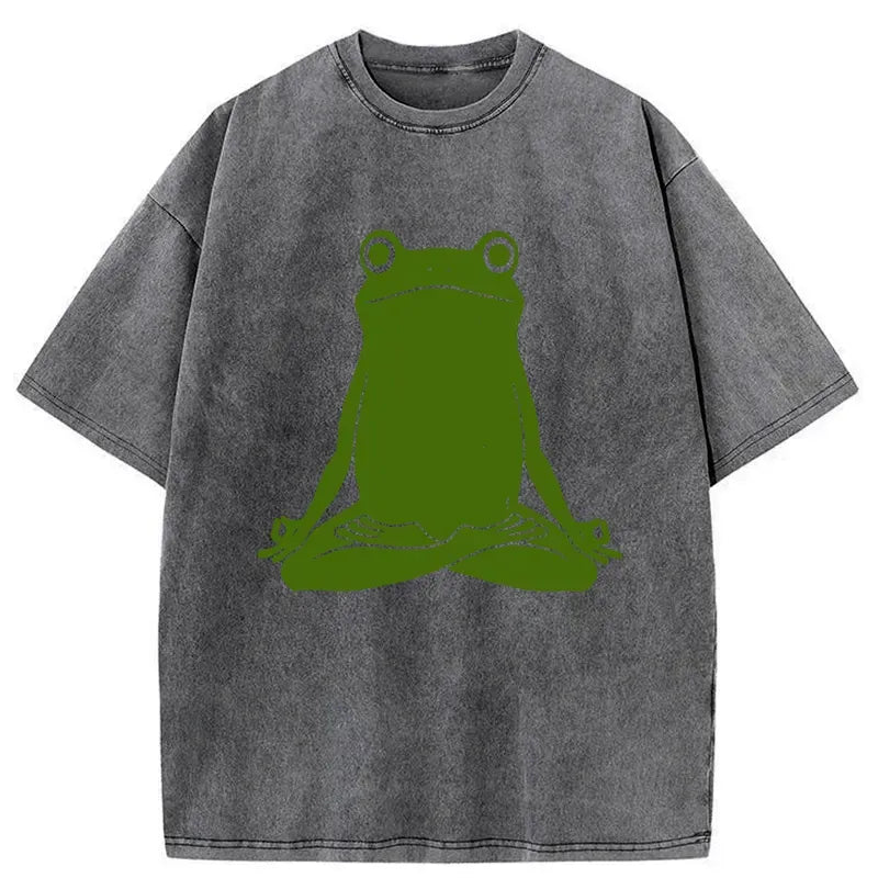 Kyoto-Lion Yoga Frog Funny Washed T-Shirt