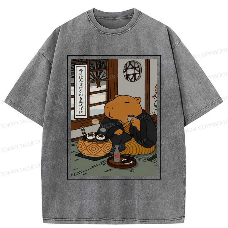 Kyoto-Lion The Silly Capybara is Drinking Tea Zen Washed T-Shirt