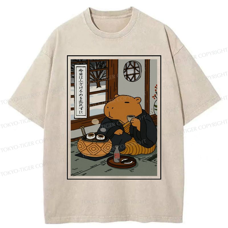 Kyoto-Lion The Silly Capybara is Drinking Tea Zen Washed T-Shirt