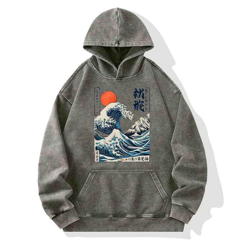 Washed Unisex Hoodie with Ocean Wave Print