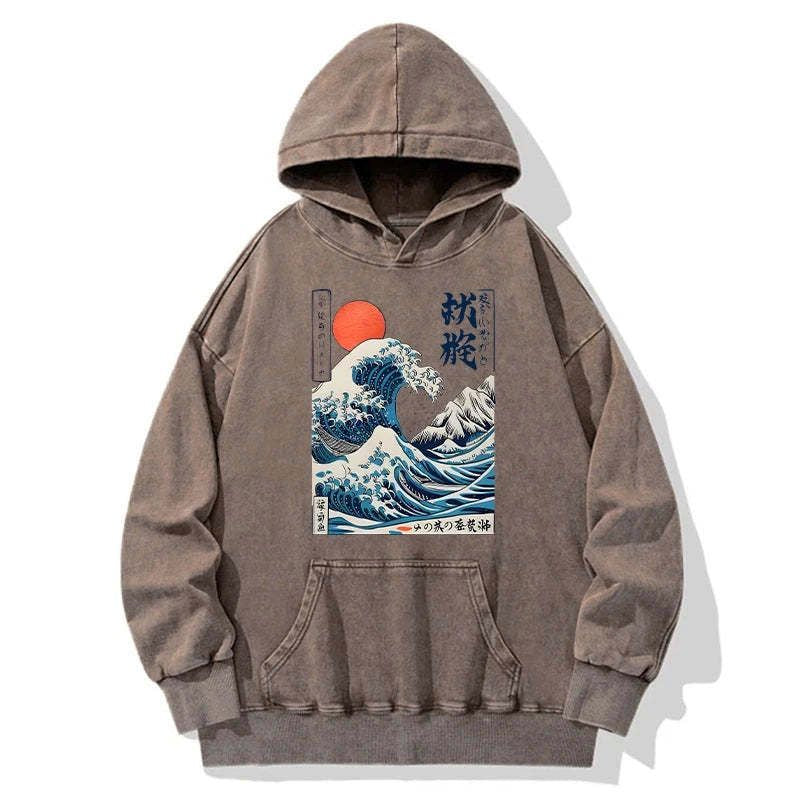 Kyoto-Lion Ukiyo-e Ocean Waves Japan Washed Hoodie