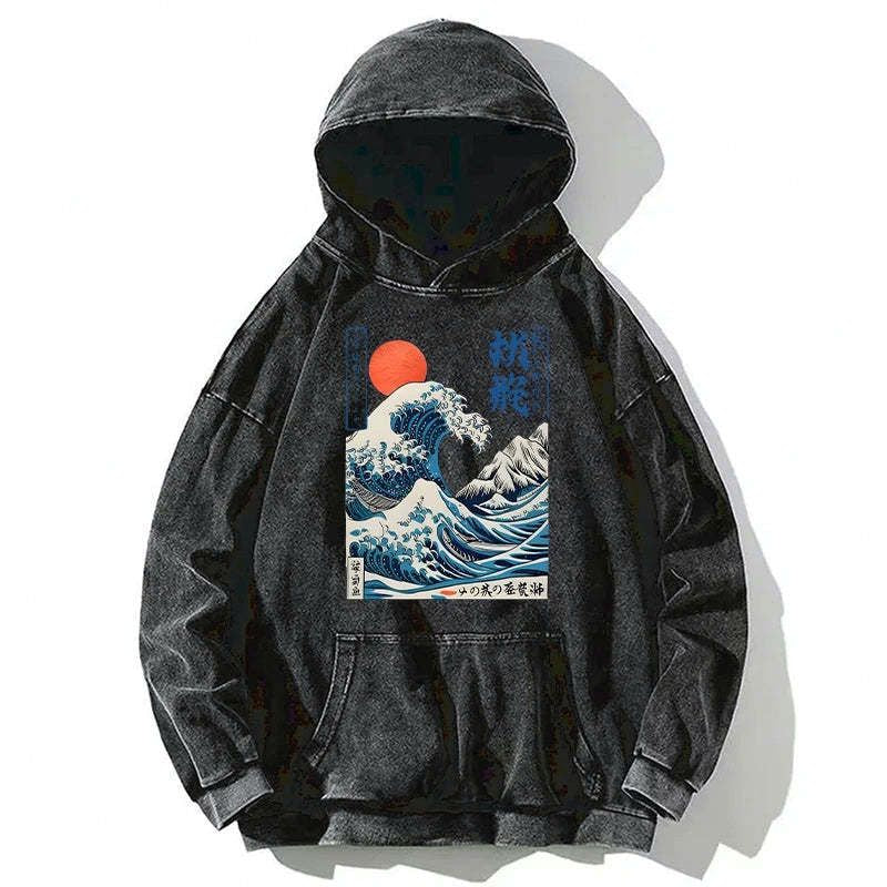 Washed Unisex Hoodie with Ocean Wave Print