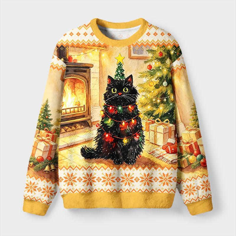 Kyoto-Lion Christmas Cat Lights Fuzzy Christmas Ugly Sweatshirt