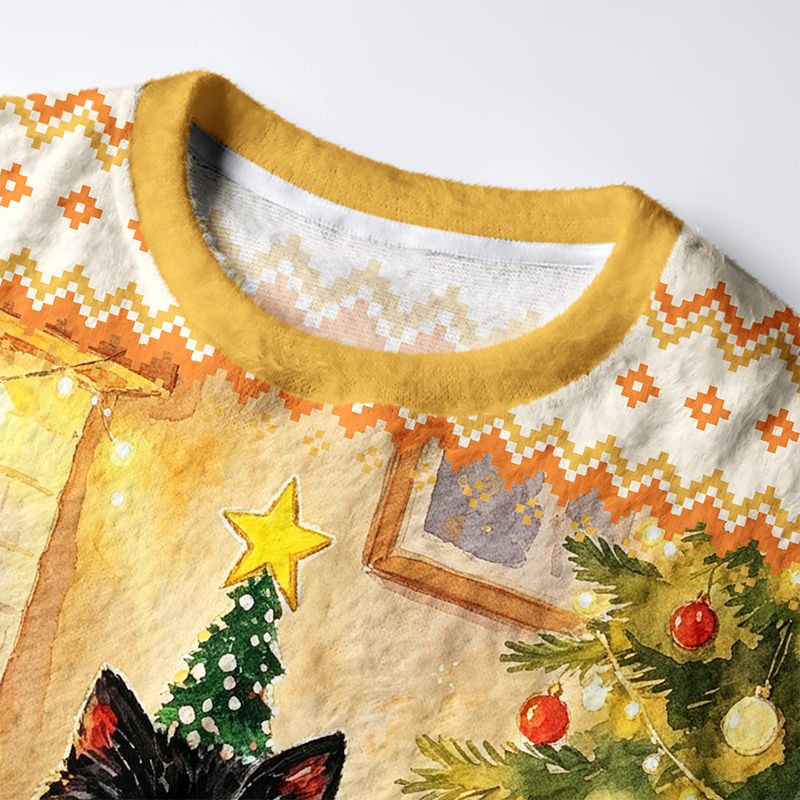 Kyoto-Lion Christmas Cat Lights Fuzzy Christmas Ugly Sweatshirt