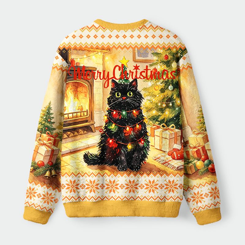 Kyoto-Lion Christmas Cat Lights Fuzzy Christmas Ugly Sweatshirt