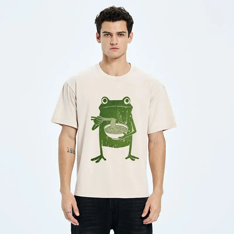 Kyoto-Lion Woodcut Style Chopstick Frog Graphic Washed T-Shirt