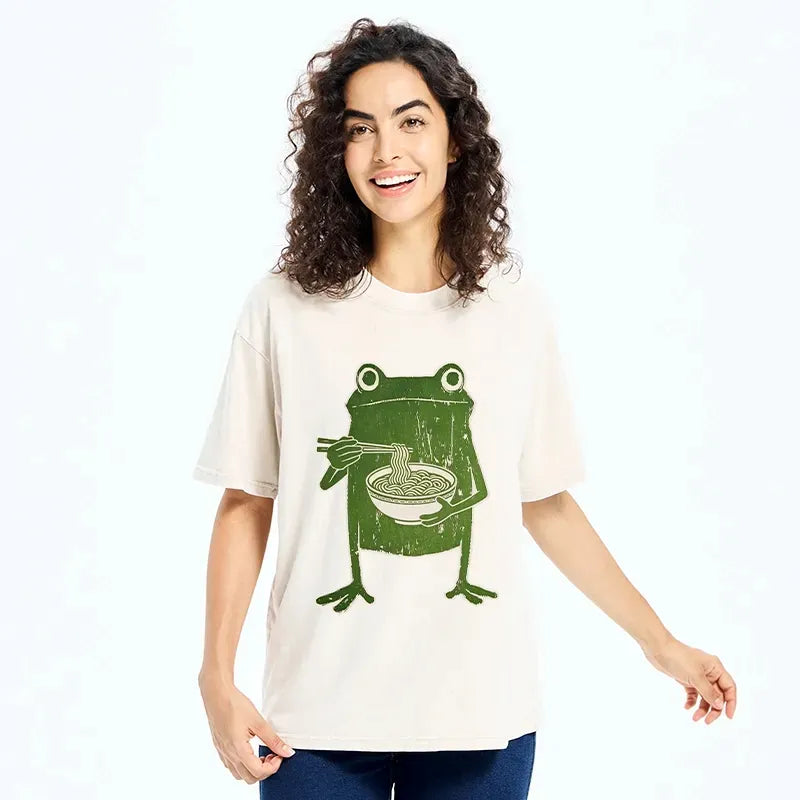 Kyoto-Lion Woodcut Style Chopstick Frog Graphic Washed T-Shirt
