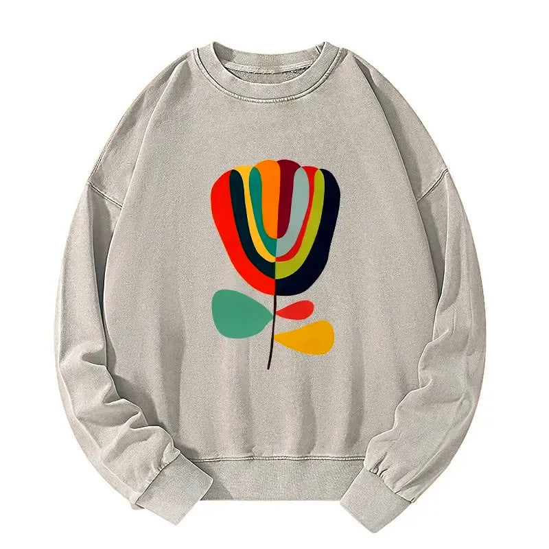 Kyoto-Lion Colorful Flower Minimalist Print Washed Sweatshirt
