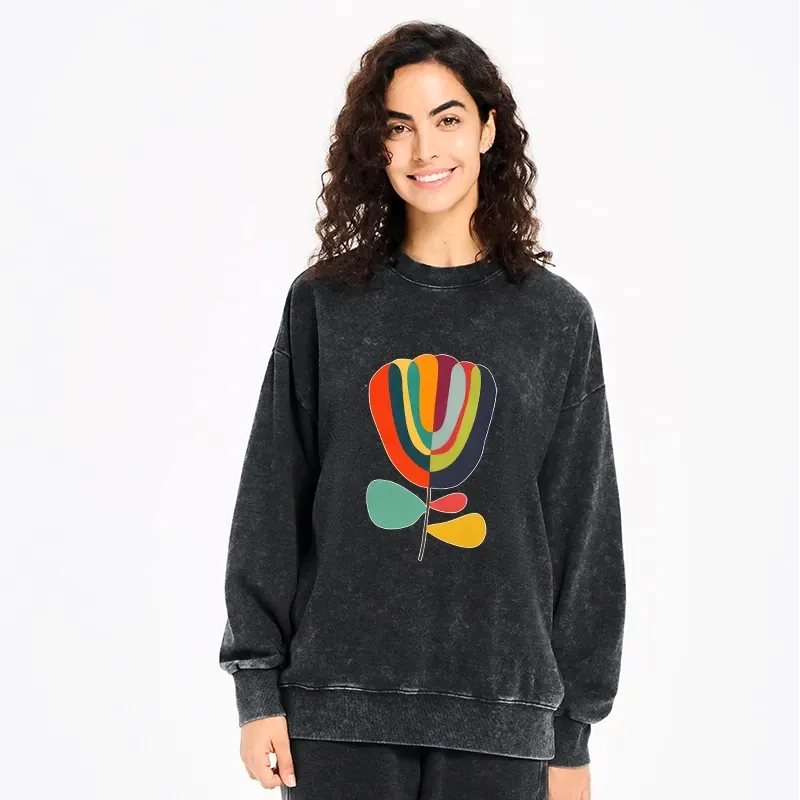 Kyoto-Lion Colorful Flower Minimalist Print Washed Sweatshirt
