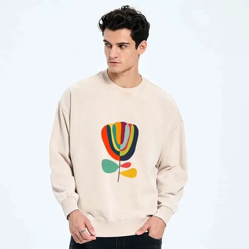 Kyoto-Lion Colorful Flower Minimalist Print Washed Sweatshirt