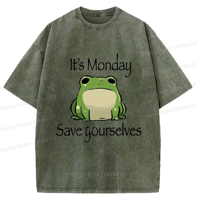 Kyoto-Lion Funny Frog: It's Monday Save Yourselves Washed T-Shirt